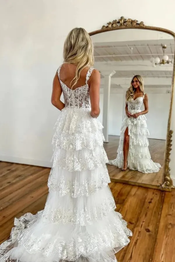 Stunning Tulle Tiered A-line Spaghetti Straps Lace Prom Dresses With Slit, SLP058