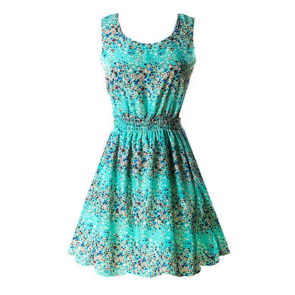 Summer Women Tank Chiffon Beach Dress Sleeveless Sundress Floral Mini Dresses