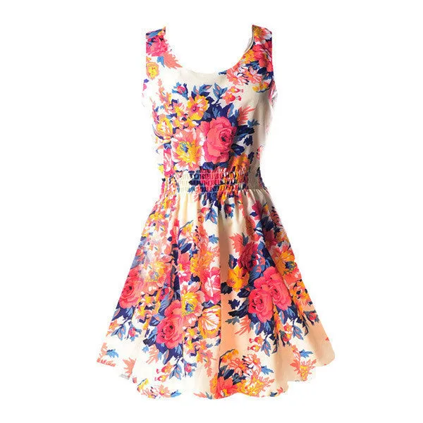 Summer Women Tank Chiffon Beach Dress Sleeveless Sundress Floral Mini Dresses