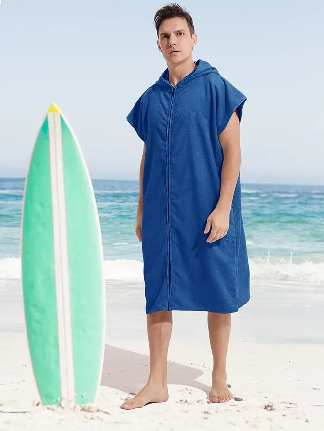 Surf Poncho Hooded Changing Towel Swim Robe with Zipper Plus Size Terry Cloth Swim Cover Up for Adults Men Women Towel Poncho Hoodie Surfing Accessories(Black) (Dark Blue)
