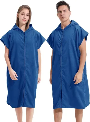 Surf Poncho Hooded Changing Towel Swim Robe with Zipper Plus Size Terry Cloth Swim Cover Up for Adults Men Women Towel Poncho Hoodie Surfing Accessories(Black) (Dark Blue)