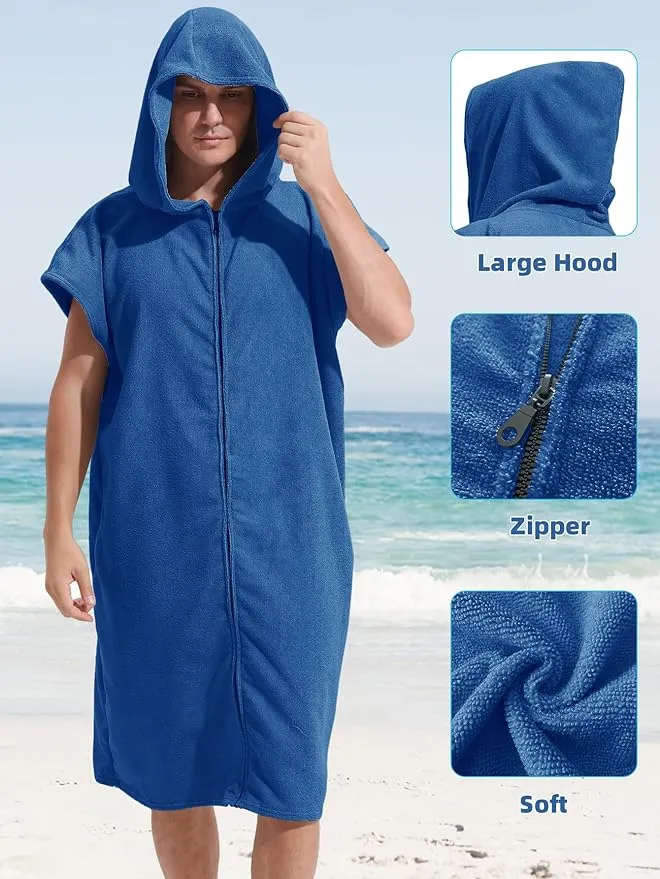 Surf Poncho Hooded Changing Towel Swim Robe with Zipper Plus Size Terry Cloth Swim Cover Up for Adults Men Women Towel Poncho Hoodie Surfing Accessories(Black) (Dark Blue)