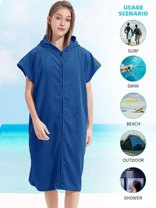 Surf Poncho Hooded Changing Towel Swim Robe with Zipper Plus Size Terry Cloth Swim Cover Up for Adults Men Women Towel Poncho Hoodie Surfing Accessories(Black) (Dark Blue)