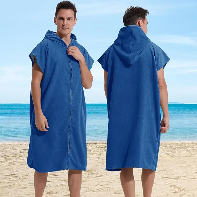 Surf Poncho Hooded Changing Towel Swim Robe with Zipper Plus Size Terry Cloth Swim Cover Up for Adults Men Women Towel Poncho Hoodie Surfing Accessories(Black) (Dark Blue)