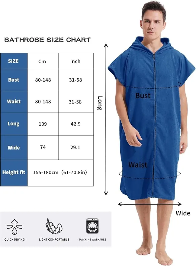 Surf Poncho Hooded Changing Towel Swim Robe with Zipper Plus Size Terry Cloth Swim Cover Up for Adults Men Women Towel Poncho Hoodie Surfing Accessories(Black) (Dark Blue)