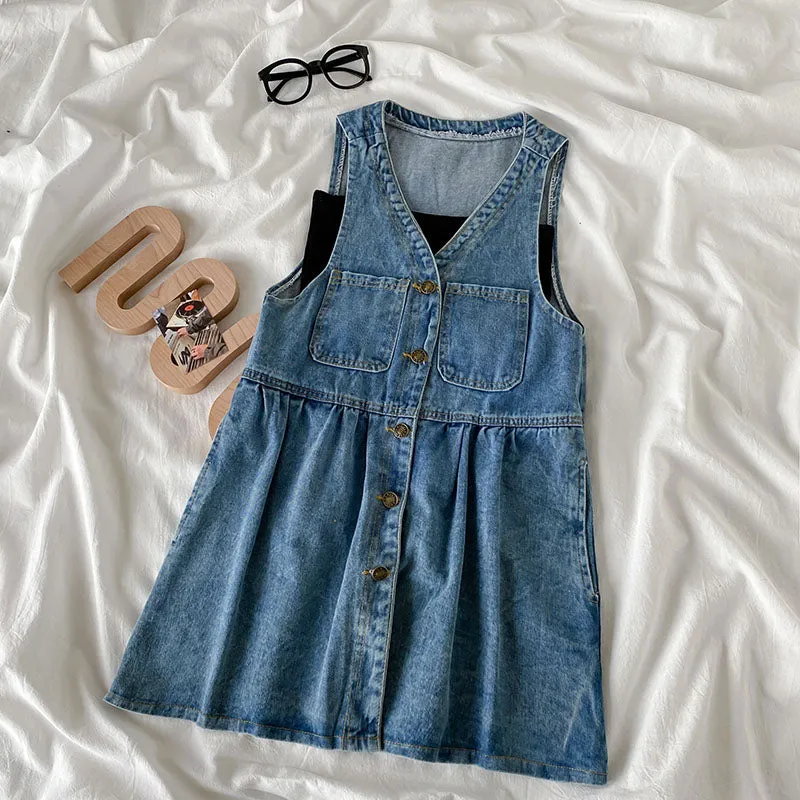 sweet denim suspender dress KF83880