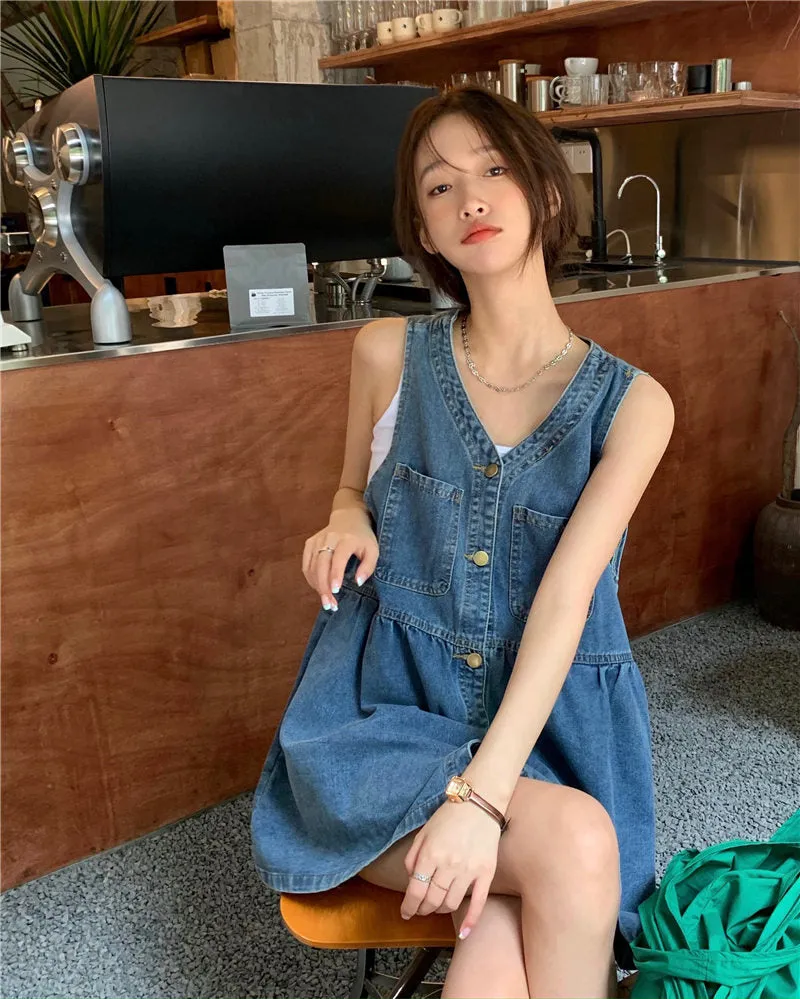 sweet denim suspender dress KF83880