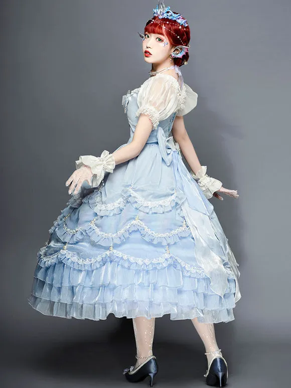 Sweet Lolita OP Dress Polyester Short Sleeves Light Blue Sweet Lolita One Piece Dress