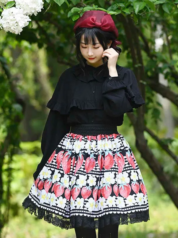 Sweet Lolita Overskirt Lace Black Fruit Pattern Daily Casual Tea Party Lolita Skirts