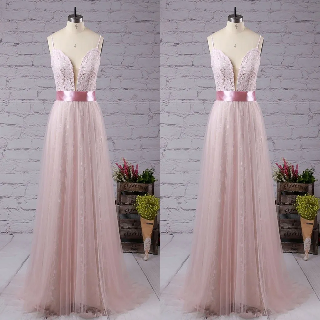 Sweet V Neck Lace Long Prom Dress With Pink Sash,Party Dresses, Evening Dresses,PDY0320
