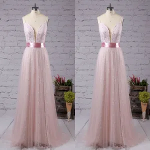 Sweet V Neck Lace Long Prom Dress With Pink Sash,Party Dresses, Evening Dresses,PDY0320