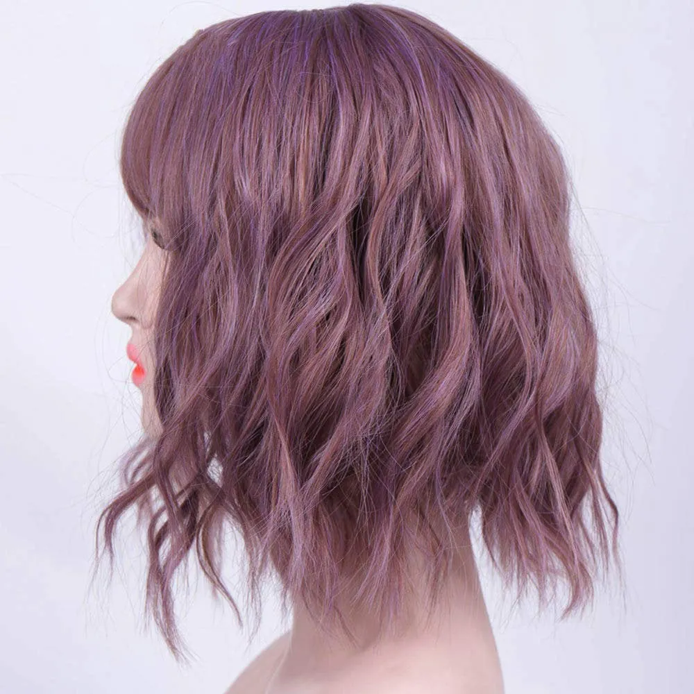 Synthetic Non Lace Front Wavy Bob Pixie Cut Length Bright Taro Purple Synthetic Hair 14 Inch Human Hair Feel Perfect Daily Wear or Cosplay