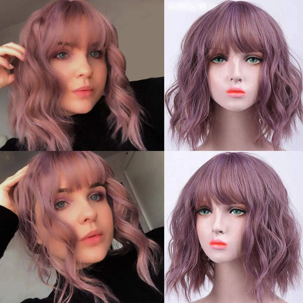 Synthetic Non Lace Front Wavy Bob Pixie Cut Length Bright Taro Purple Synthetic Hair 14 Inch Human Hair Feel Perfect Daily Wear or Cosplay