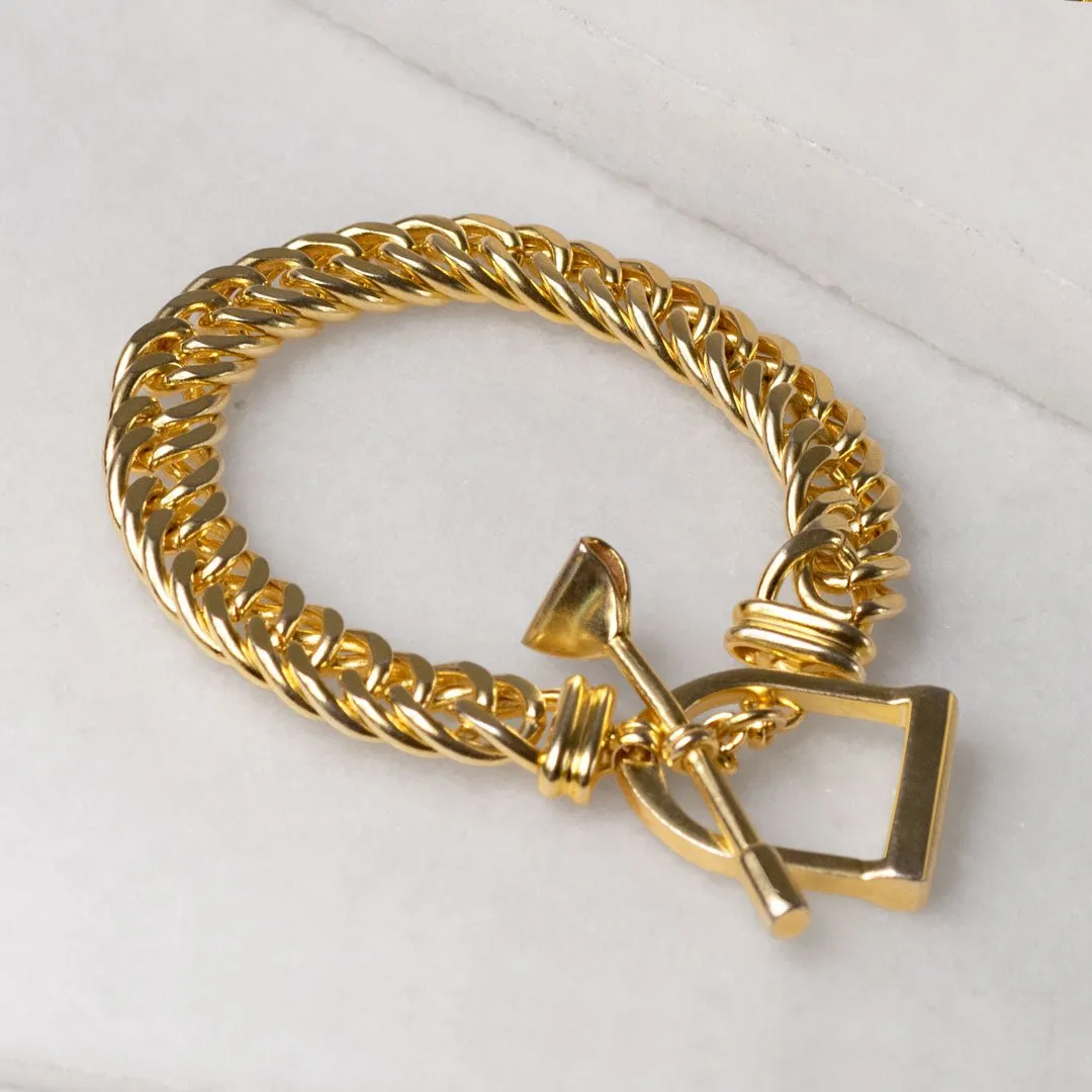 T Bar Curb Chain Stirrup Buckle Clasp 14K Gold Plated Brass Bracelet