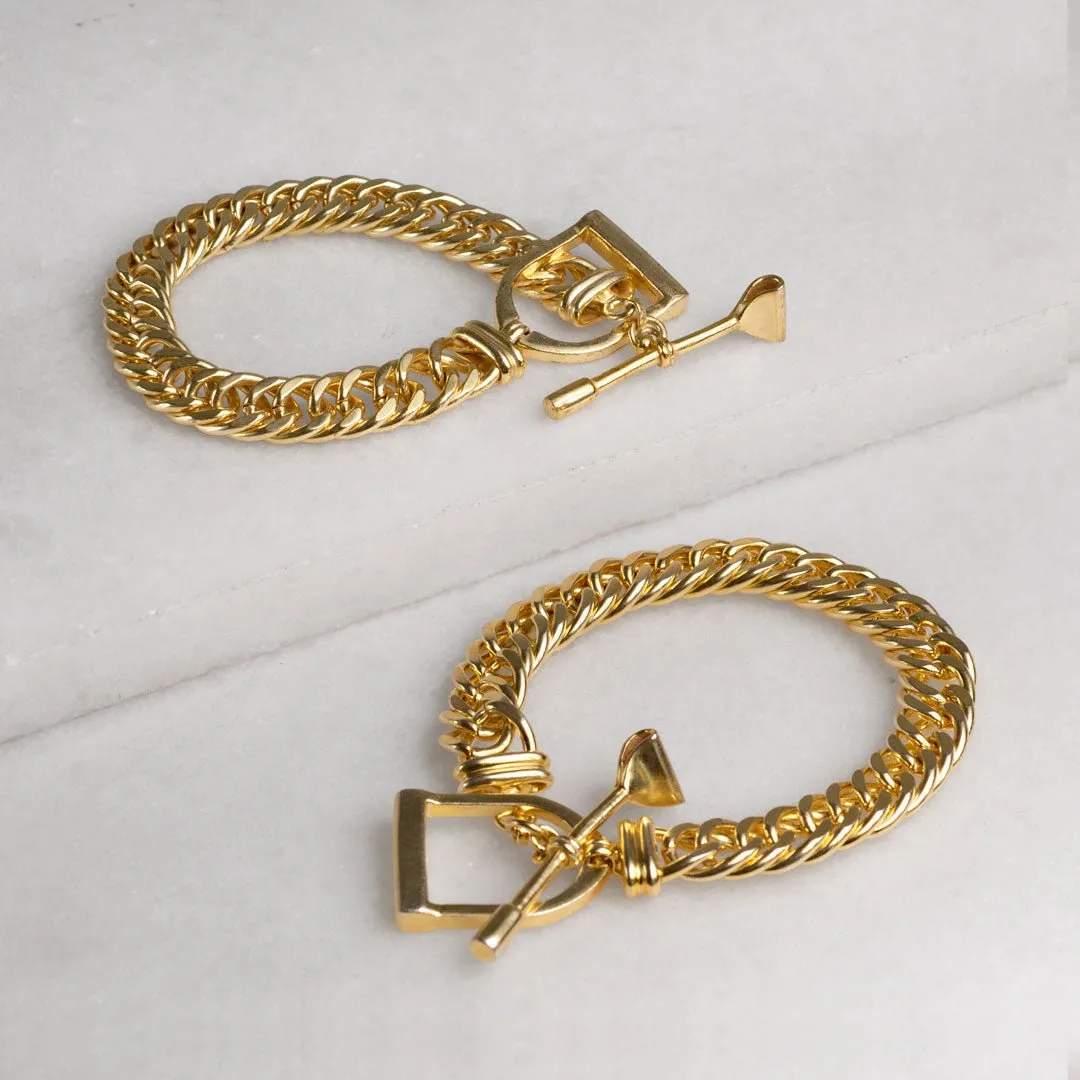 T Bar Curb Chain Stirrup Buckle Clasp 14K Gold Plated Brass Bracelet