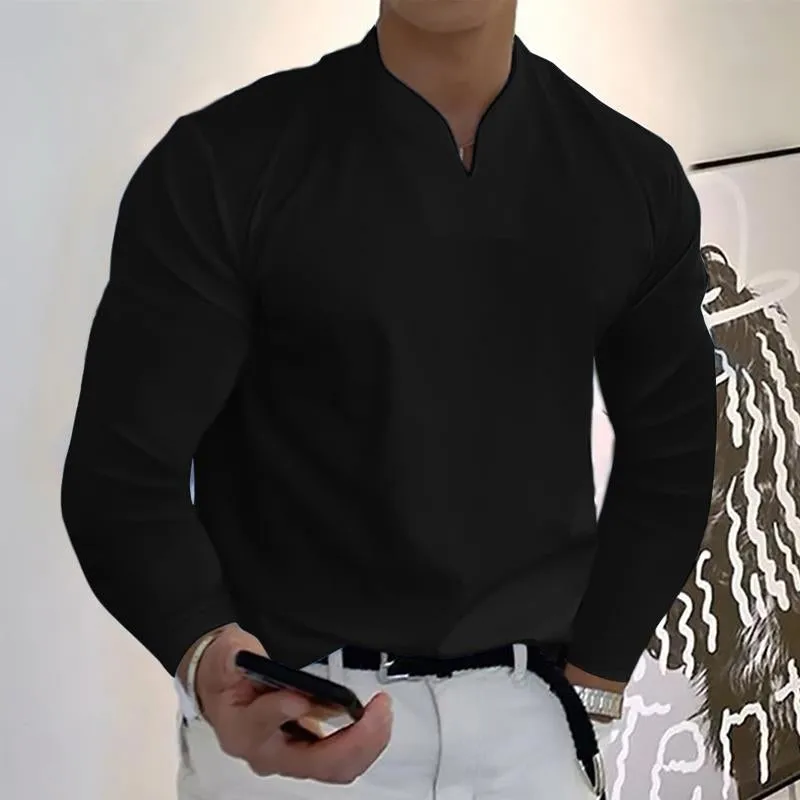 T-shirt vintage à manches longues pour hommes de couleur unie