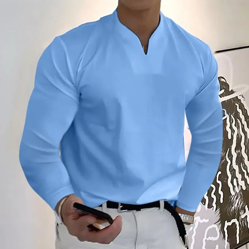 T-shirt vintage à manches longues pour hommes de couleur unie