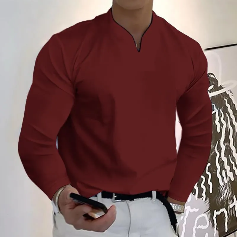 T-shirt vintage à manches longues pour hommes de couleur unie