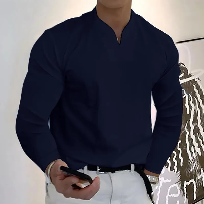T-shirt vintage à manches longues pour hommes de couleur unie