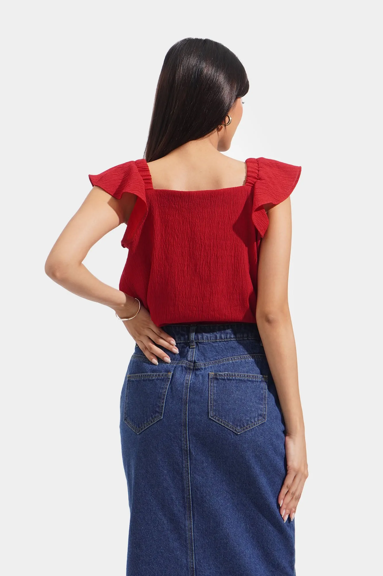 Textured Square Neck Ruched Top