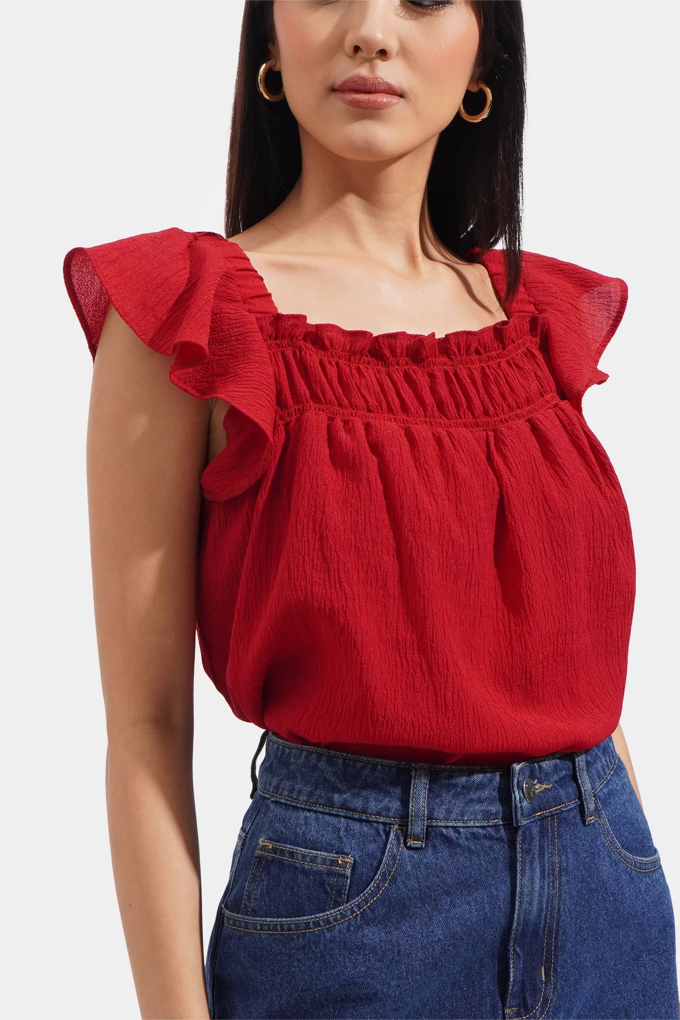 Textured Square Neck Ruched Top