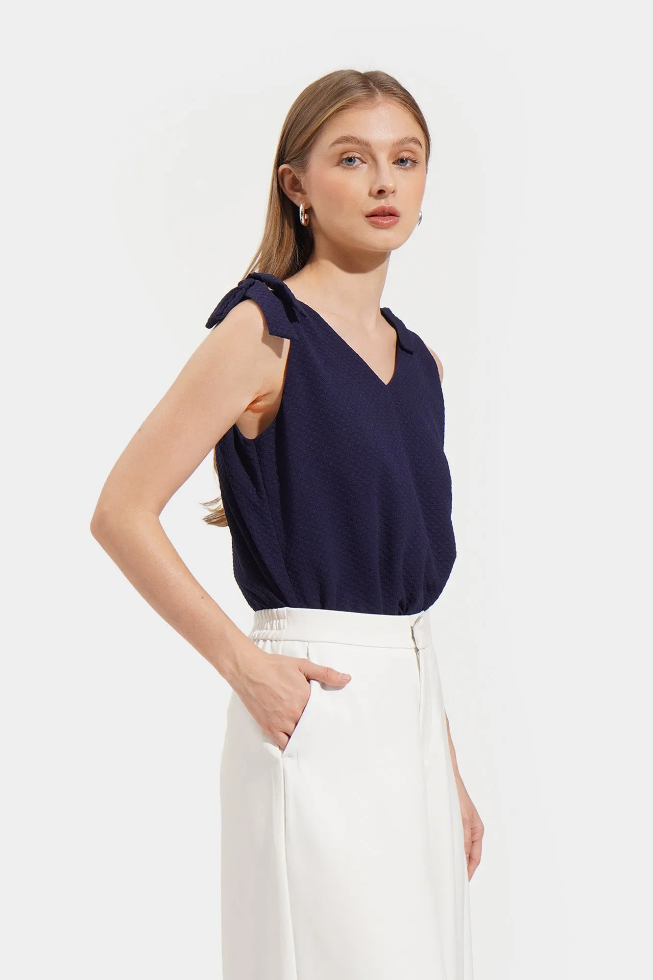 Textured Tie V-Neck Top