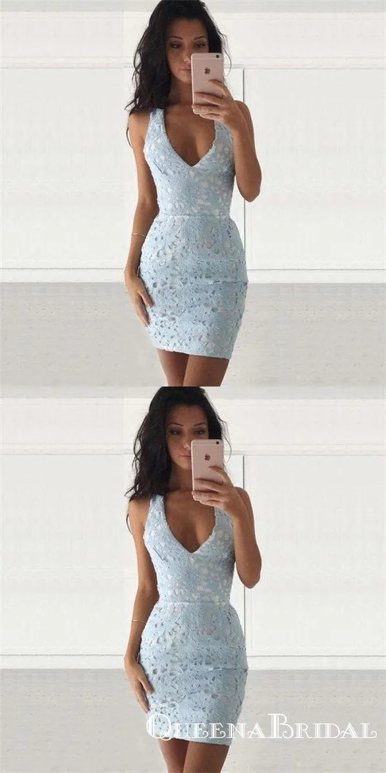 Tight V-Neck Sleeveless Short Cheap Light Blue Lace Homecoming Dresses, QB0178