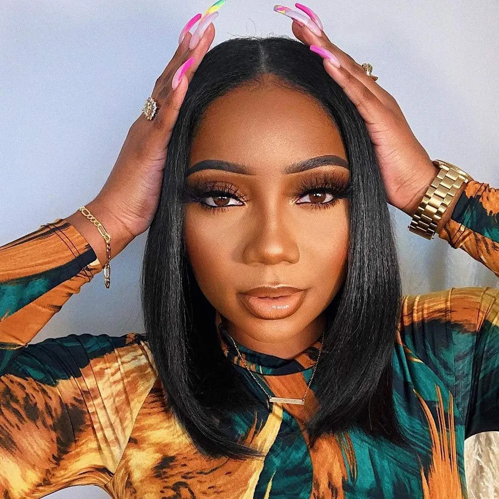Top Quality Black Bob Quick Straight No Bangs Synthetic Wig High Temperature Heat Resistant 150% Density 14"  /-  Top Selling Ready To Ship