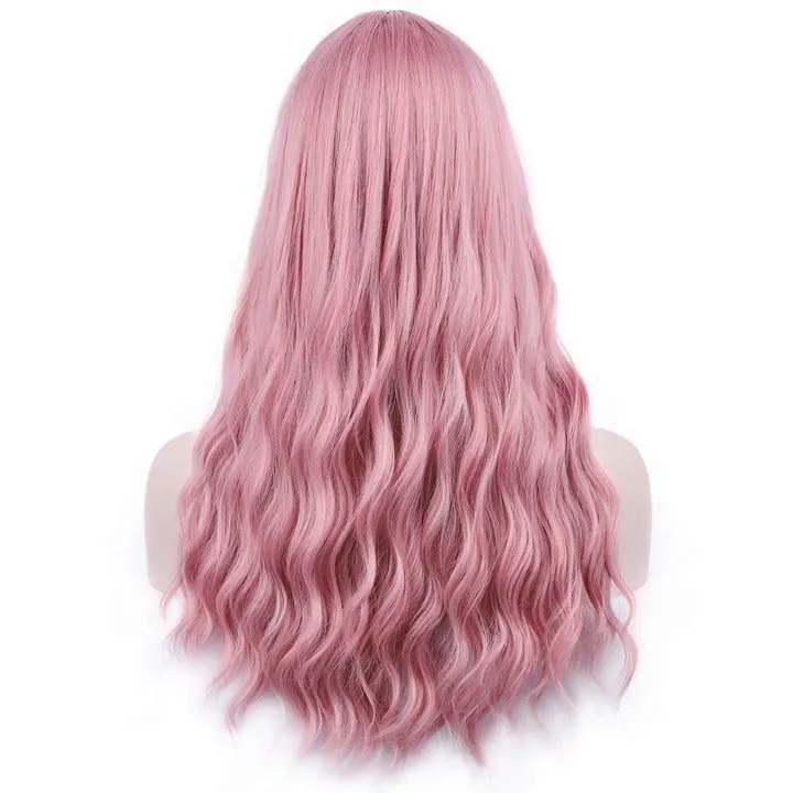 Trendy Wig Dusty Rose Pink Wavy Wig with Bangs Hand Dyed Synthetic 26" Wig