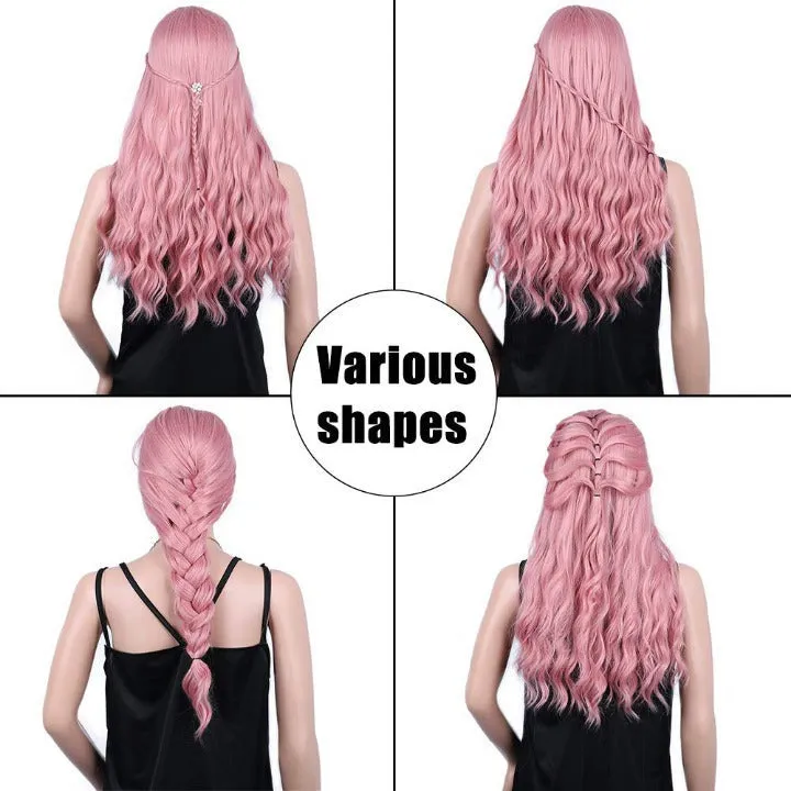 Trendy Wig Dusty Rose Pink Wavy Wig with Bangs Hand Dyed Synthetic 26" Wig