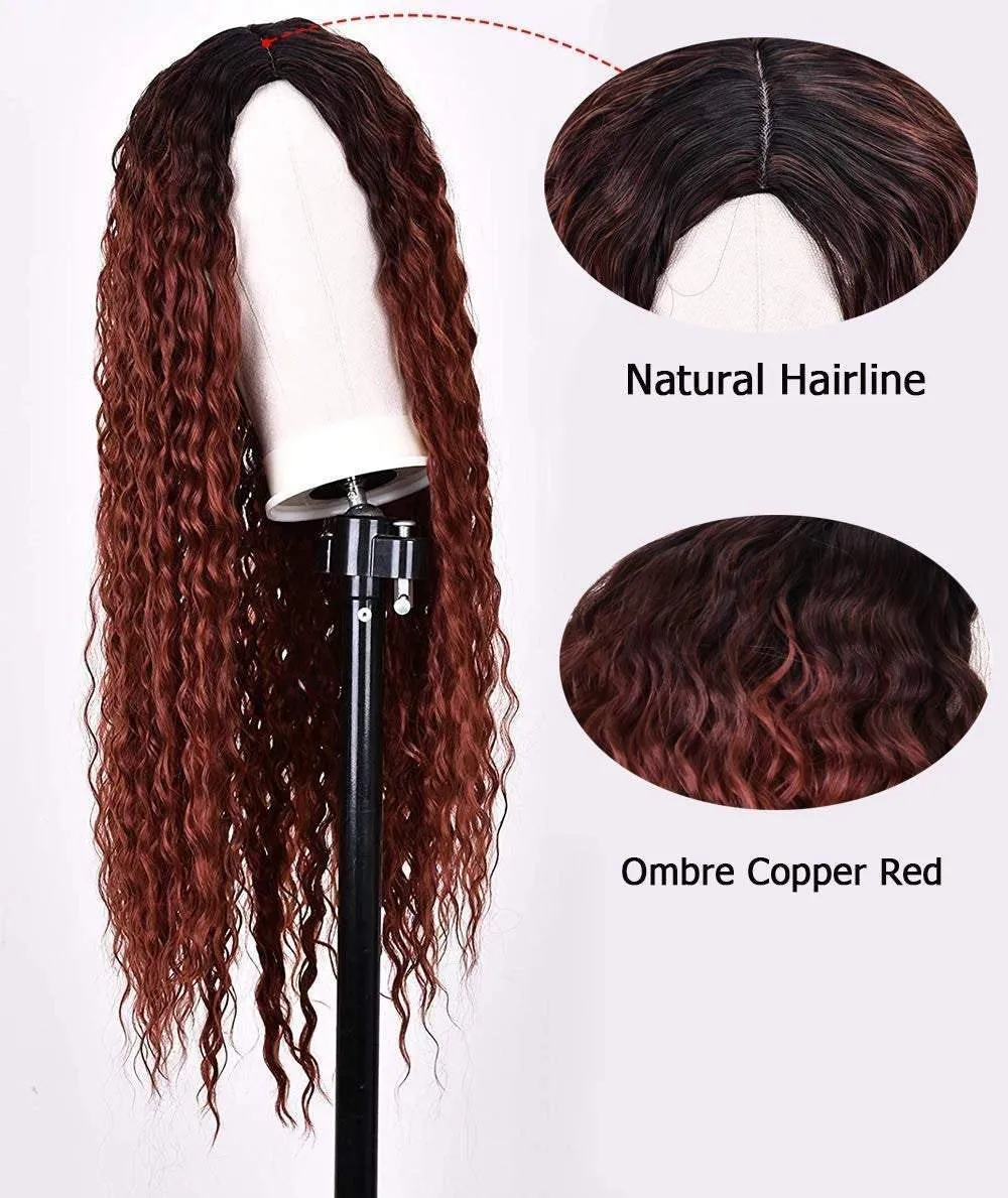 Trendy wig wet and wavy kinky copper red water wave ombre synthetic heat resistant natural human hair feel wig 26 inches  /-