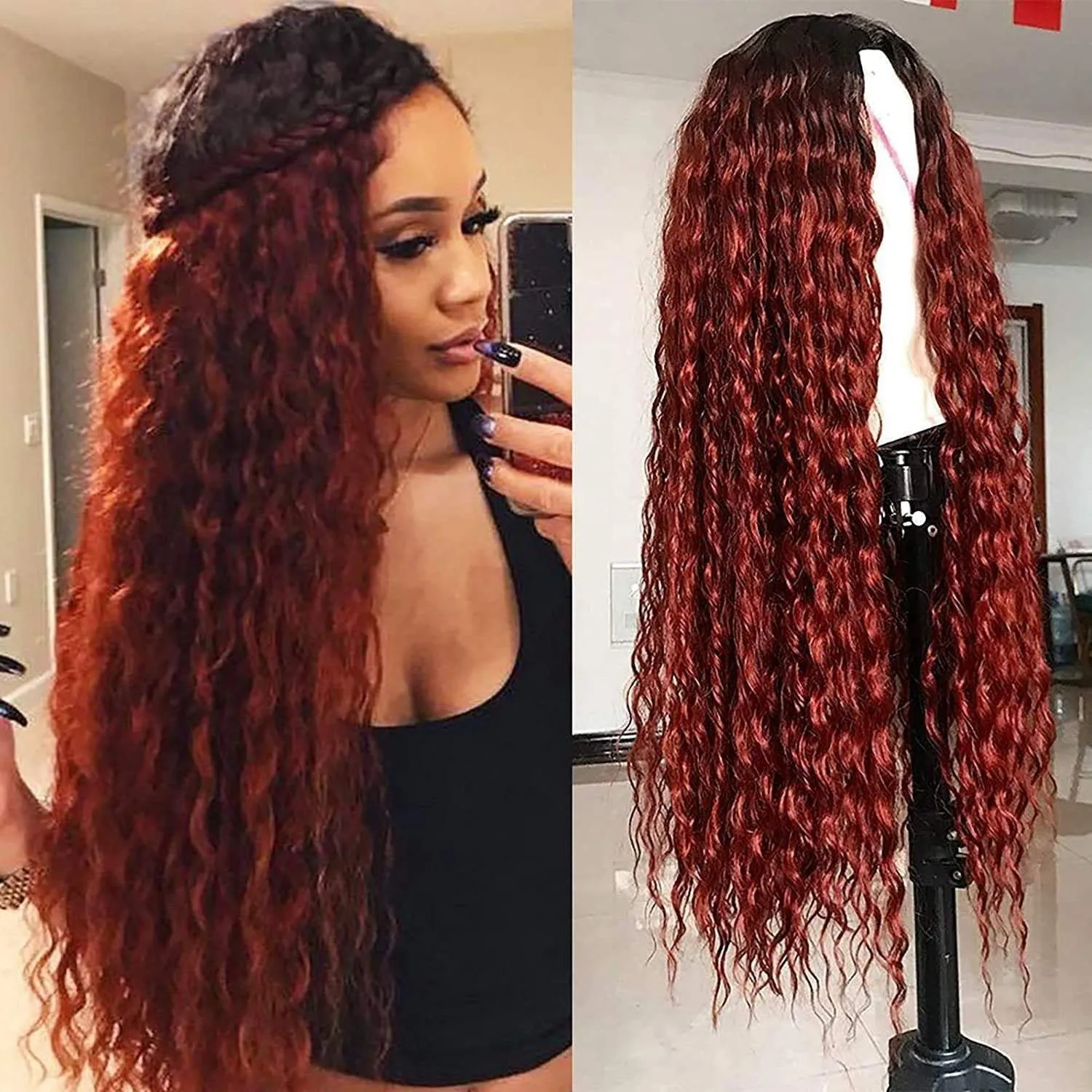Trendy wig wet and wavy kinky copper red water wave ombre synthetic heat resistant natural human hair feel wig 26 inches  /-