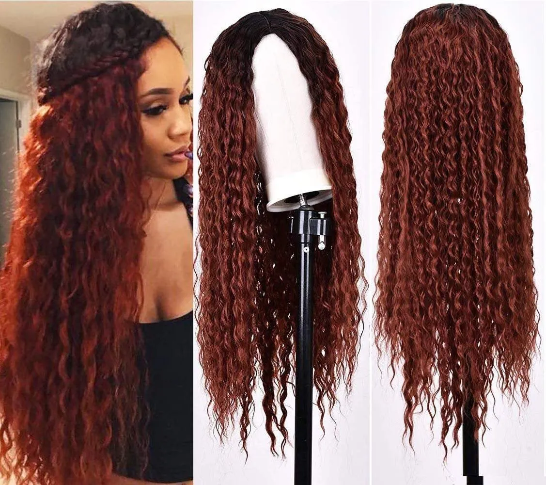 Trendy wig wet and wavy kinky copper red water wave ombre synthetic heat resistant natural human hair feel wig 26 inches  /-