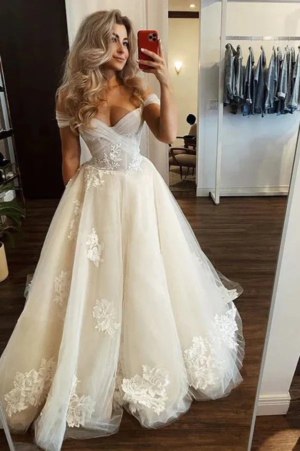 Tulle A-line Off-the-Shoulder Wedding Dresses With Lace Appliques, SW698