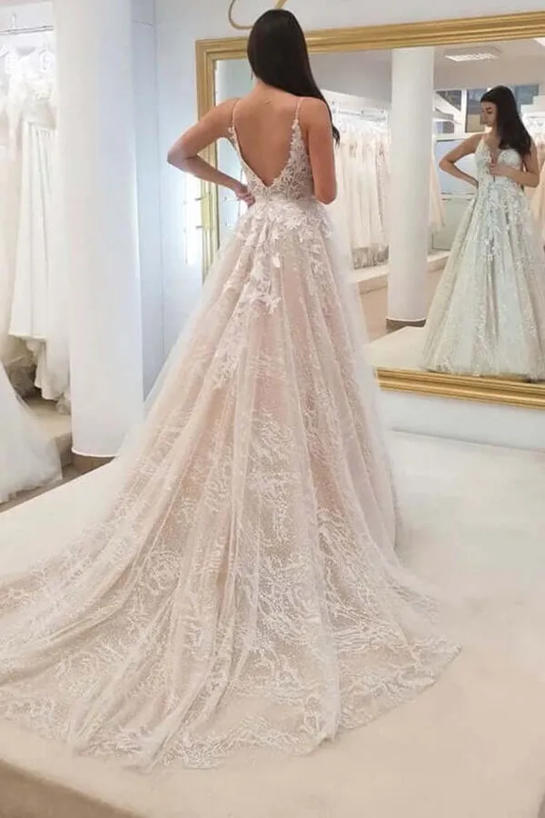 Tulle A-line V-neck Lace Appliques Wedding Dresses, Wedding Gown, SW588