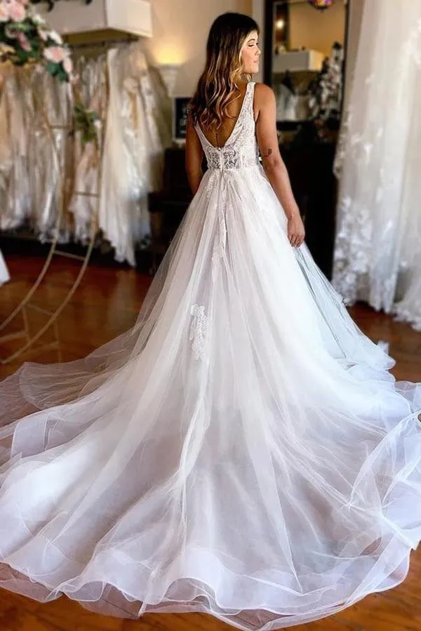 Tulle A-line V-neck Wedding Dresses With Lace Appliques, Bridal Gown, SW628