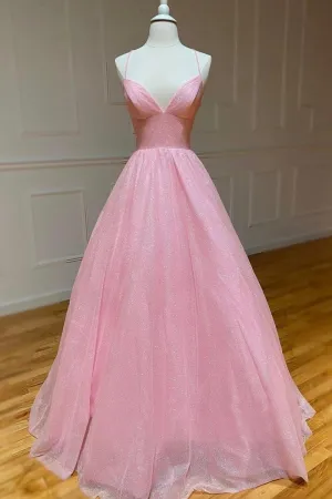 Tulle Long Backless Prom Dresses A-line V Neck Party Dresses