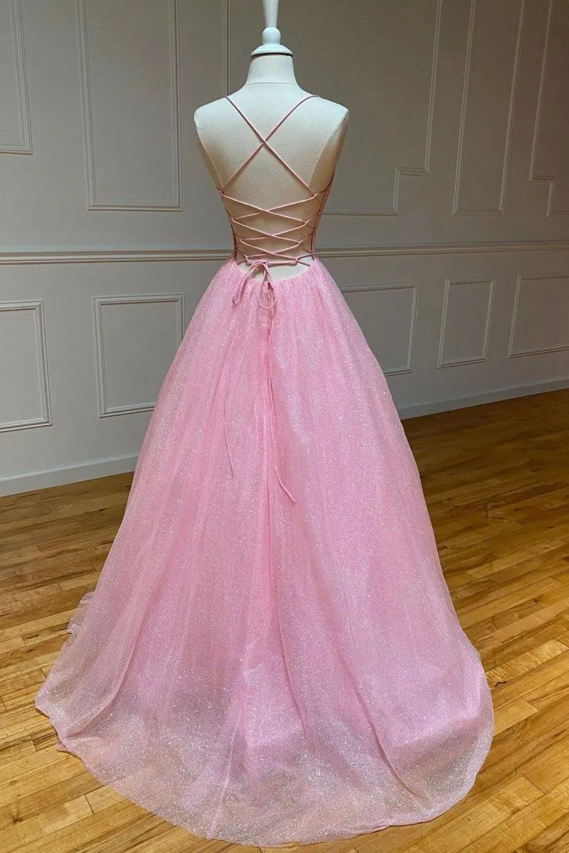 Tulle Long Backless Prom Dresses A-line V Neck Party Dresses