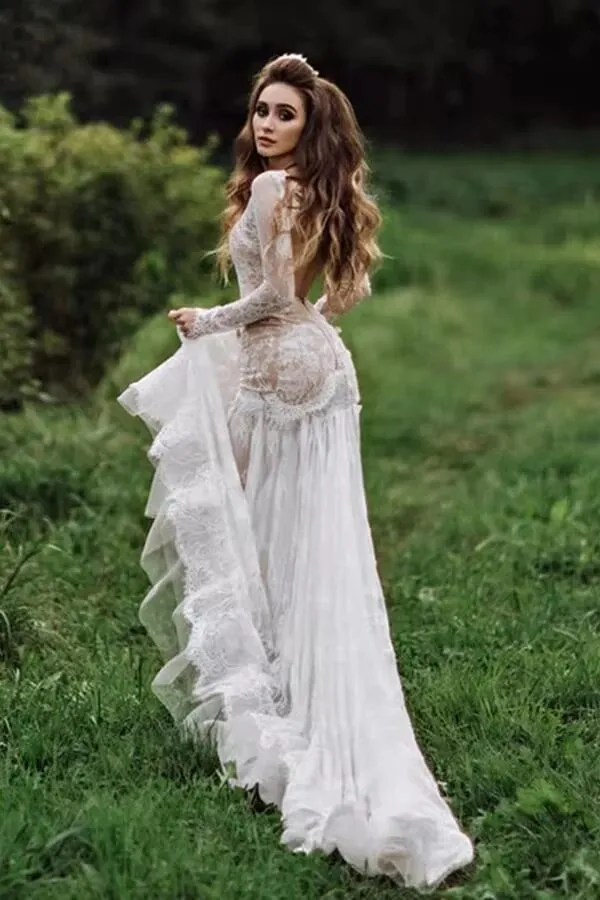 Tulle Mermaid V-neck Backless Long sleeves Lace Wedding Dresses, SW700