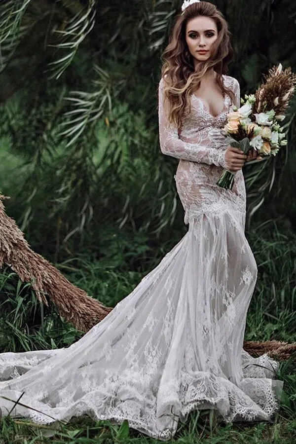 Tulle Mermaid V-neck Backless Long sleeves Lace Wedding Dresses, SW700