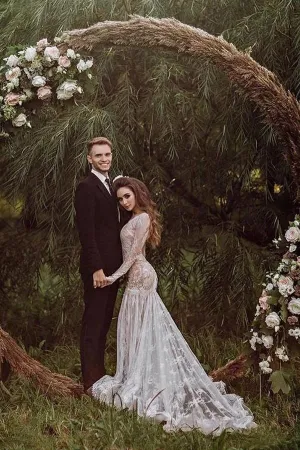 Tulle Mermaid V-neck Backless Long sleeves Lace Wedding Dresses, SW700