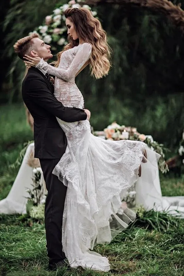 Tulle Mermaid V-neck Backless Long sleeves Lace Wedding Dresses, SW700