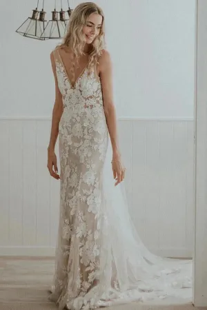 Tulle Sheath V-neck Floral Lace Rustic Wedding Dresses, Wedding Gown, SW672