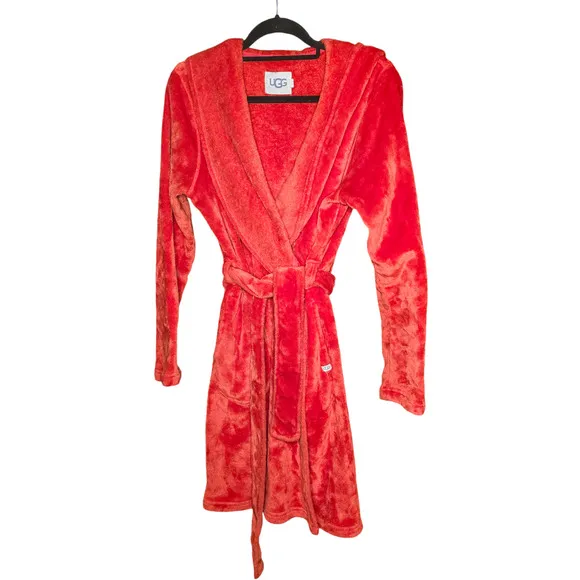 UGG Christmas Ribbon Red Miranda plush hooded robe with belt tie size M