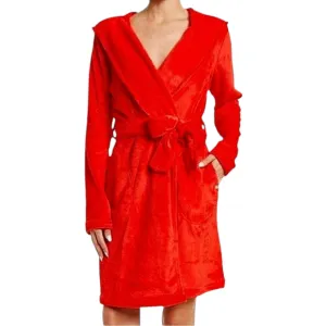UGG Christmas Ribbon Red Miranda plush hooded robe with belt tie size M