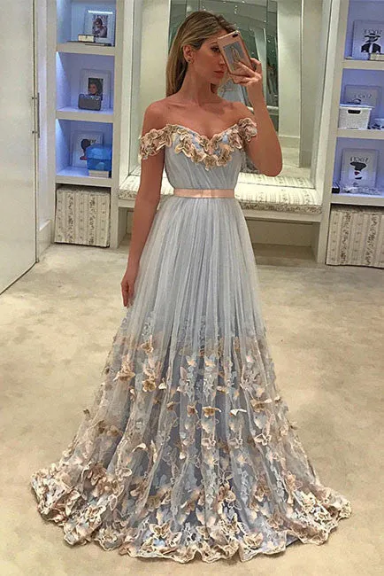 Unique tulle light blue long prom dress, tulle evening dress