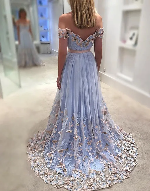 Unique tulle light blue long prom dress, tulle evening dress