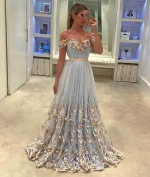 Unique tulle light blue long prom dress, tulle evening dress