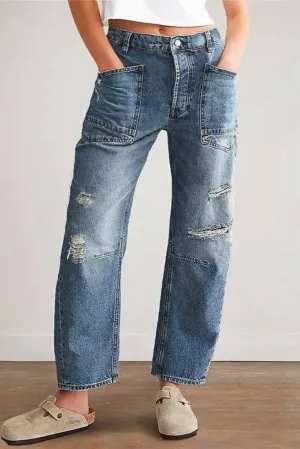 UNISHE - Blue Ripped Straight Jeans