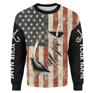 US Fishing 3D Fish Hook American Flag patriotic fish on Customize name 3D All-over Print Crew Neck Sweatshirt NPQ71